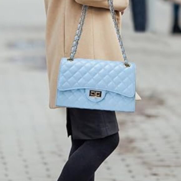 Quilted Light Blue Mini Crossbody Bag – Gold Chain Flap, Designer-Inspired - Picture 2 of 7